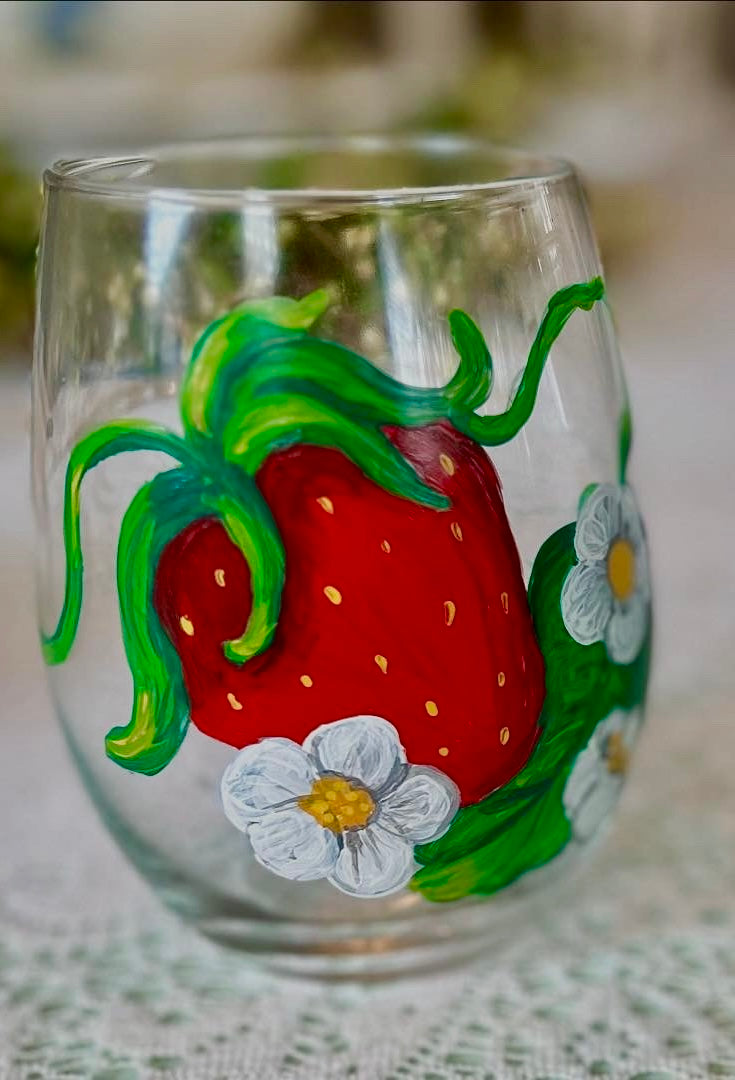 Strawberry Wine Glass - Champagne Glass - Hand Painted