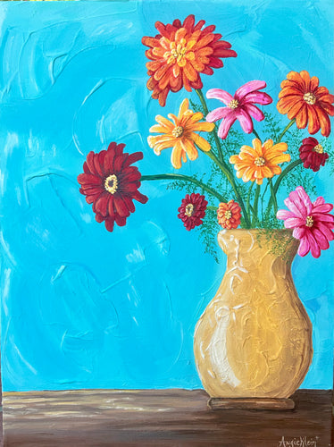 Joy - Original Artwork - Acrylic Painting - Zinnias - Floral Art