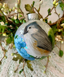 Tufted Titmouse and Hydrangea Glass Ornament - Hand painted- Keepsake Gift