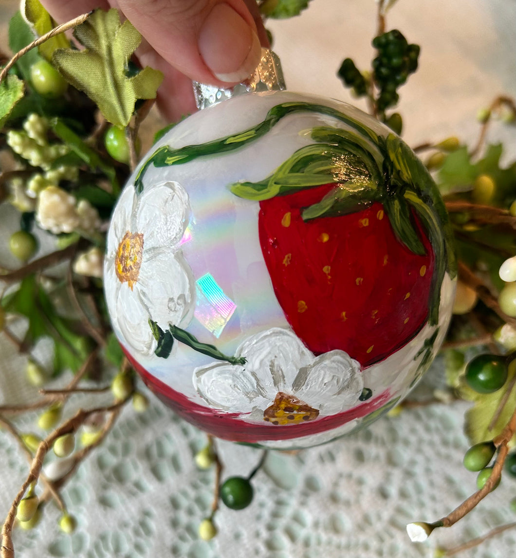 Strawberry and Bee Glass Ornament - Hand painted - Keepsake Gift