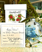 Load image into Gallery viewer, Tufted Titmouse and Hydrangea Glass Ornament - Hand painted- Keepsake Gift
