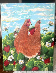 Penny Loves Strawberries - Original Art - Chicken and Strawberry Painting - Acrylic Art