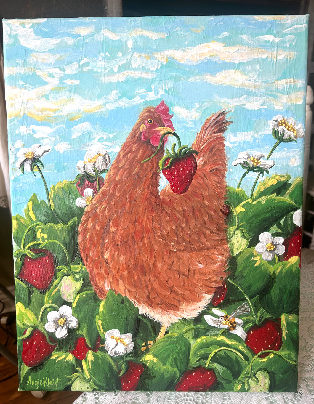 Penny Loves Strawberries - Original Art - Chicken and Strawberry Painting - Acrylic Art