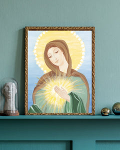 Mary Flame of Love - Art Print - Family Devotion - Catholic Art - Marian Art