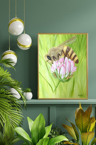The Bee and Clover Art Print - Honey Bee Art - Wildflower Art - Nature Art