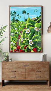 Winter Berries Art Print - Strawberry Fields - Florida Strawberries - Bees - Blossoms