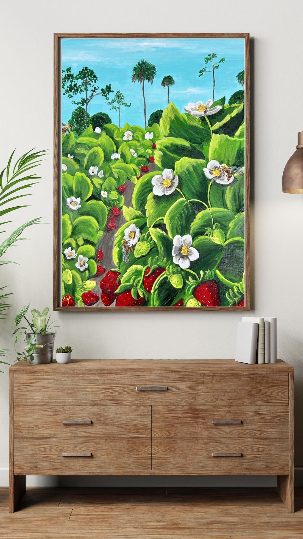 Winter Berries Art Print - Strawberry Fields - Florida Strawberries - Bees - Blossoms