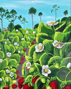 Winter Berries Art Print - Strawberry Fields - Florida Strawberries - Bees - Blossoms