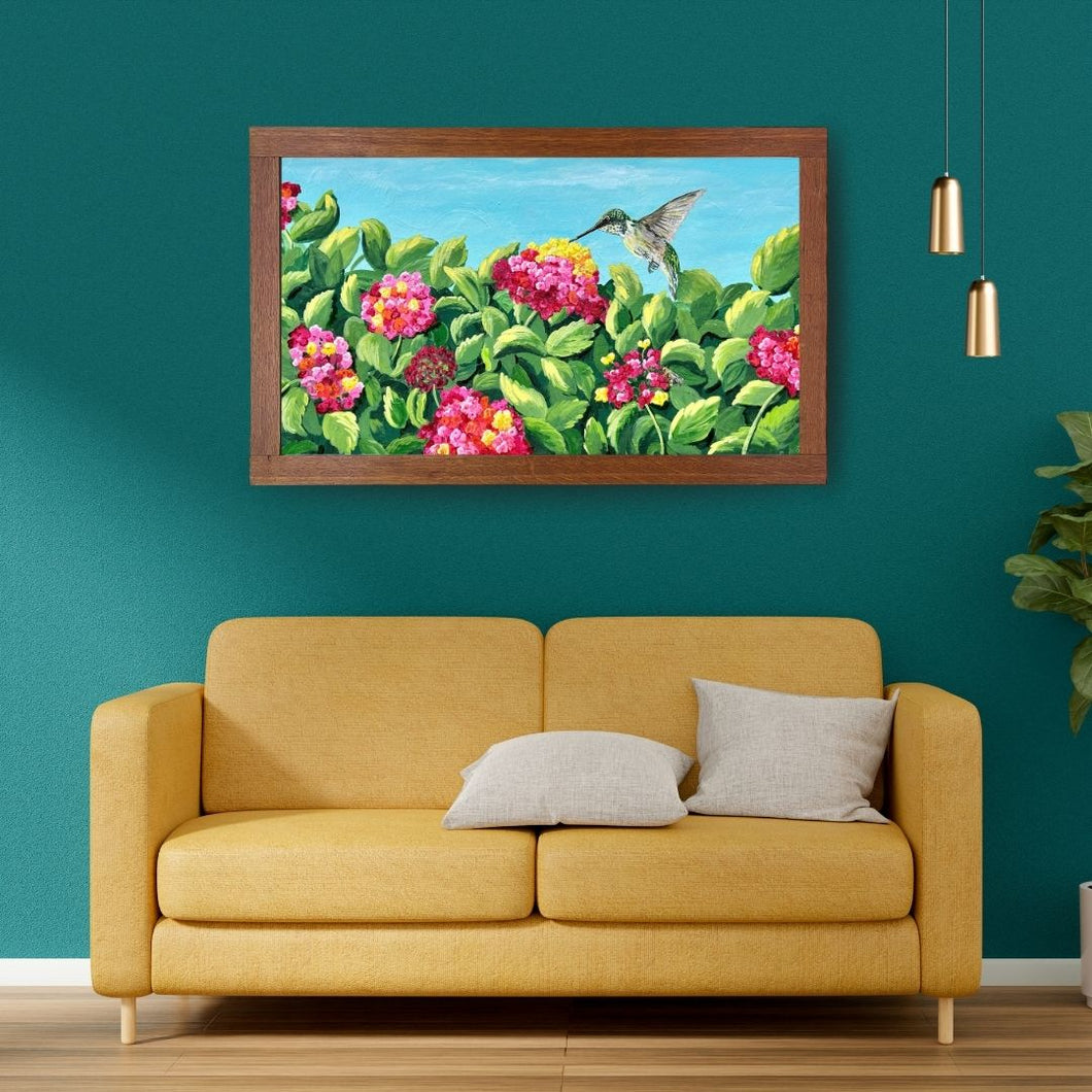 Hummingbird's Spring Art Print - Hummingbird Art - Bee Art - Flower Art - Bird Art
