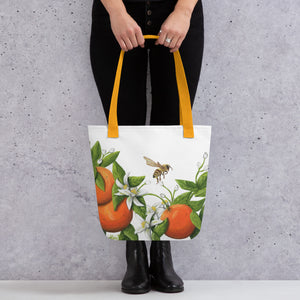 "Pure Delight"  Tote bag- Orange, Blossoms and Bees Tote Bag - Original Art Tote - Beach Bag - Summer Tote -